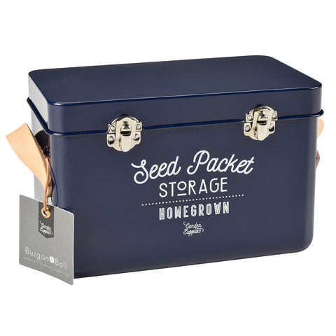 Seed packet storage tin with leather handles in Atlantic Blue, by Burgon & Ball