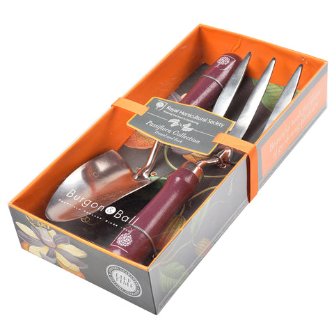 RHS Gifts for Gardeners Passiflora gift-boxed trowel and fork set by Burgon & Ball