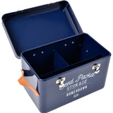 Seed packet storage tin with leather handles in Atlantic Blue, by Burgon & Ball