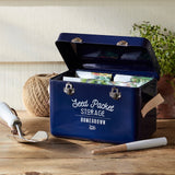 Seed packet storage tin with leather handles in Atlantic Blue, by Burgon & Ball