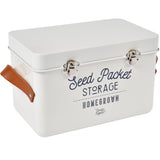 Seed packet storage tin with leather handles by Burgon & Ball - stone