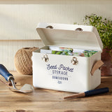 Seed packet storage tin with leather handles by Burgon & Ball - stone