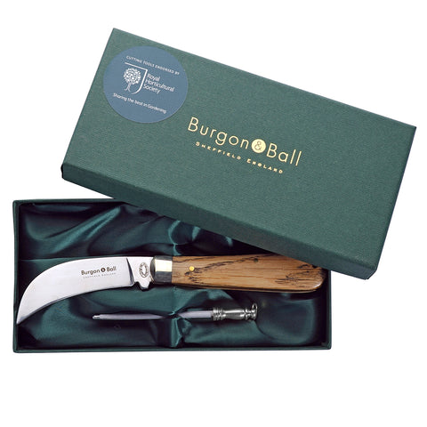Burgon & Ball RHS-endorsed classic wooden-handled pruning knife and sharpening steel gift set